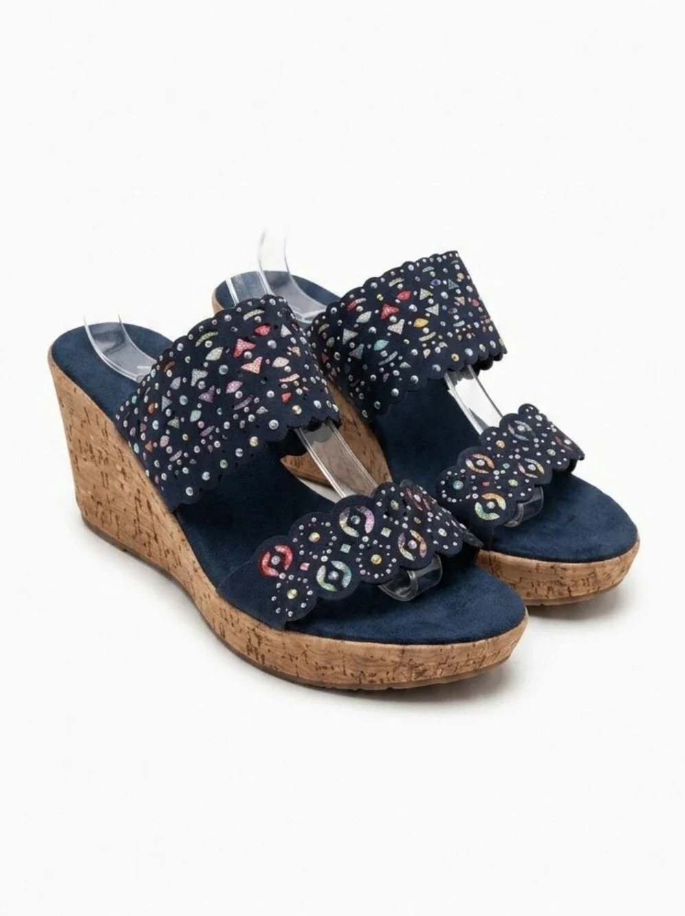NIB Onex Oppal Beaded Cork Wedge Slides Rhinestone Laser Cut Navy Blue 9